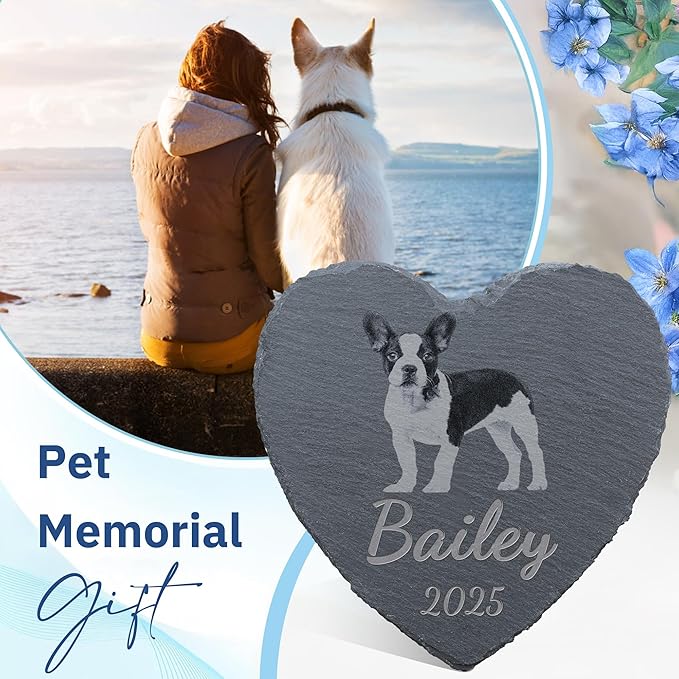 Pet Memorial Stone with Photo, Dog Memorial Gifts for Loss of Dog, Personalized Pet Memorial Gifts, Pet Loss Gift - in Memory of Pet（Heart）