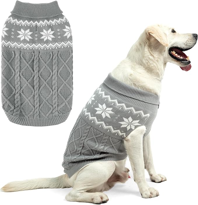 Warm Winter Dog Sweater - Cold Weather Pet Clothes for Small Medium Large Dogs Indoor Outdoor, Soft Classic Knit Puppy Apparel, Grey, M