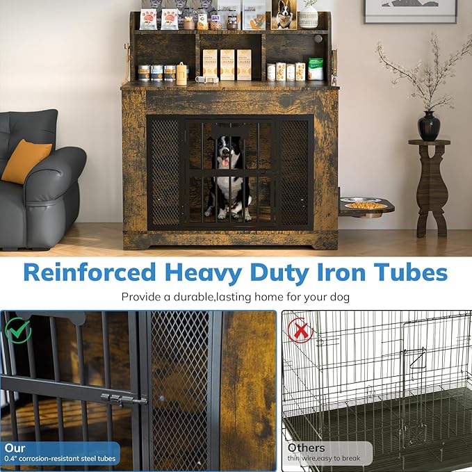 Petrova Dog Crate Furniture, 34inch Wooden Dog Kennel Indoor for Small Dogs, Heavy Duty Dog Cage with 2 Stainless Steel Food Bowls, Led Light, 4 Hooks, Hidden Decorative Pet Cage