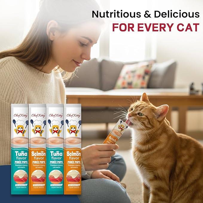 Chef Kitty Purée Pops, Cat Treats, Grain-Free, Lickable, Squeezable Creamy Cat Treat/Topper with Vitamin E & Taurine, 0.5 Ounces Each Tube, 20 Tubes, Seafood Mix Variety