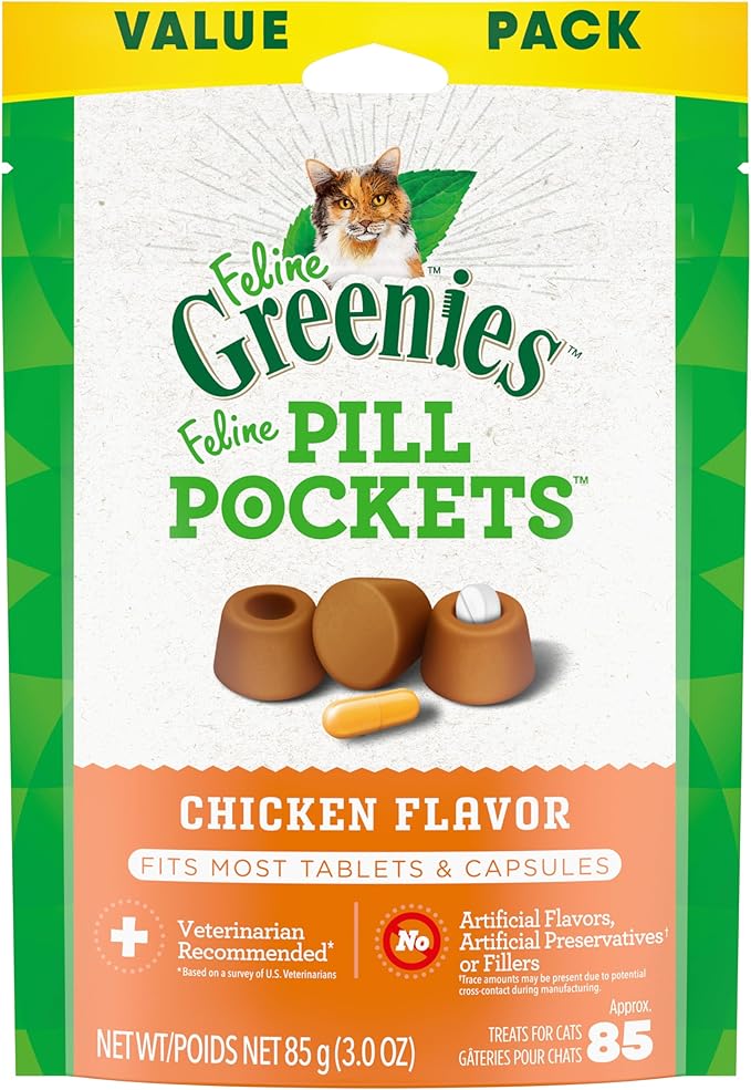 Greenies Feline Pill Pockets for Cats Soft Cat Treats, Chicken Flavor, 1.6 oz. Pouch, 45 Count