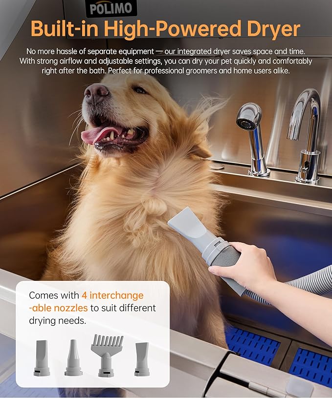 POLIMO Dog Wash Station with Pet Dryer & LED, Professional Dog Bathing Station for Large, Medium & Small Dogs – with Window, Ramp, Drawer, Floor Grate, LED Display & Faucet (Right Ramp & Dryer, 61")