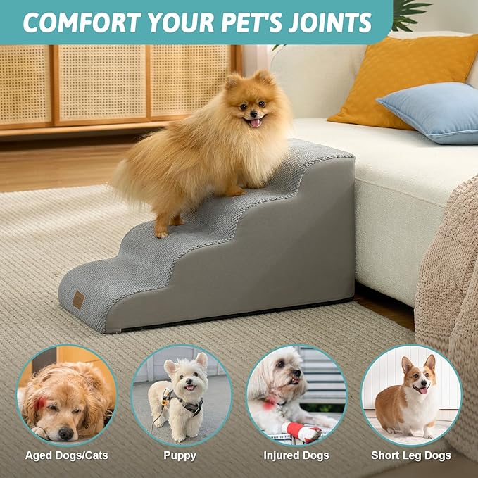 Dog Stairs for Small Dogs 15.7" H, 4-Step Slope Dog Steps for Bed, Couch or Chair, Sturdy Pet Ramp for Puppy, Older Cat, Pet Ladder with High Density Foam, 15.7x28.3x15.7 inch, Gray