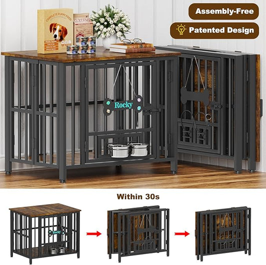 Easycom 31" Dog Crate Furniture Foldable, No Assembly Decorative Dog Kennel Indoor, Dog Crates for Medium Dogs(20-35 lb), Wooden Dog Cage with Adjustable Bowls and Name Tag, End Table, Rustic Brown
