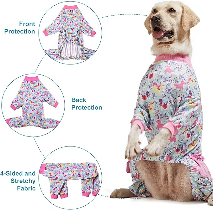 LovinPet Large Breed Dog Pajamas Onesie, Lightweight Stretchy Knit Dog Jammies, Unicorn Seafoam Print, Stop Shedding for Dogs, Pet Pajamas for Dogs, Pet PJ's, M