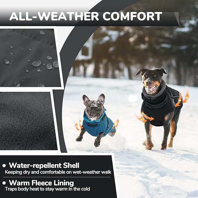 PUMYPOREITY Dog Coat with Harness Built in, Reflective Fleece Jacket, Thick and Warm Winter Coat, Medium Dog Jacket with Zip, Cold Weather Coats for Outdoor, Waterproof Pet Snowsuit, Black, L