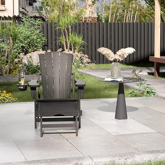 Folding Adirondack Chair with Retractable Ottoman,All Weather Fire Pit Chairs with Cup Holder,Outdoor Chair with Ottoman,Black