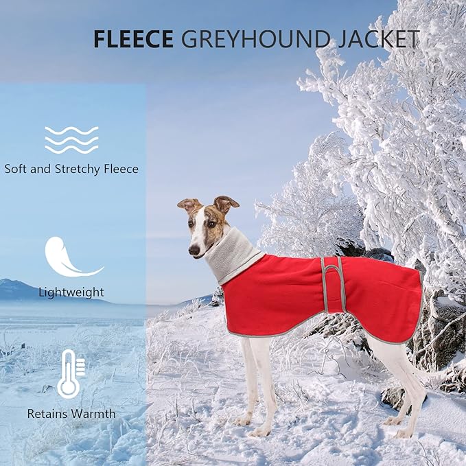 Geyecete Greyhound Cosy Fleece Jumper, Dog Winter Coat with Warm Fleece Lining, Outdoor Dog Apparel with Adjustable Bands for Medium, Large Dog -Red-S