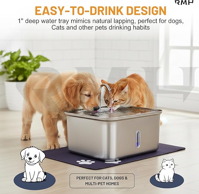 7L Stainless Steel Cat & Dog Water Fountain with 12×16 Waterproof Anti-Slip Mat, Automatic Pet Water Fountain with Quiet Pump, Triple-Stage Filter & LED Water Window for Multi-Pet Homes