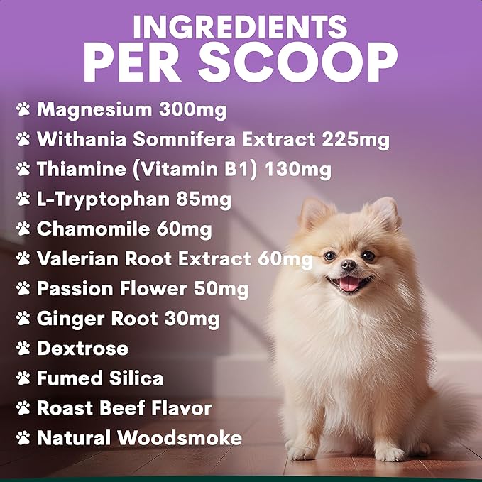 Stress and Anxiety Supplement for Dogs - Calming Dog Powder Supplement - Decreases Stress, Calms Fear & Anxiety, Eases Aggression & Insomnia, Relaxes Body and Mind - Beef Flavour - 3.2oz - 45 Scoops