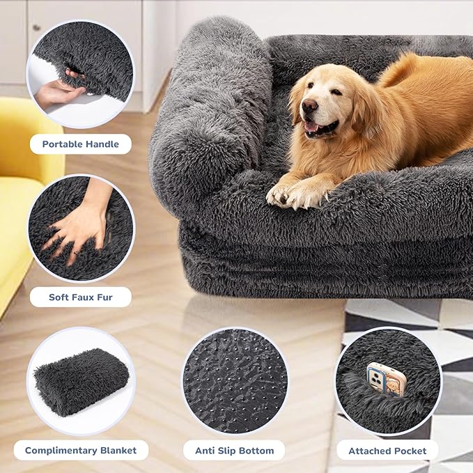 Foldable Human Dog Bed for Adults, Fluffy Human Sized with Blanket, Orthopedic Washable Dog Bed with Memory Foam and Water Repellent Liner Large for Pet (Grey, 72 * 44 * 12 inch)