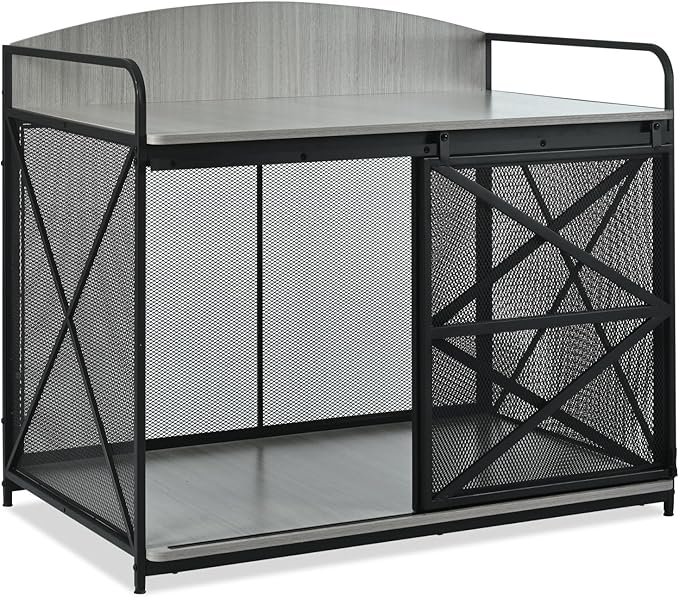 Large Furniture Dog Crate, Dog Kennel Indoor, Wood Dog Cage Table, Heavy Duty Dog Crate, Sturdy Metal,Gray