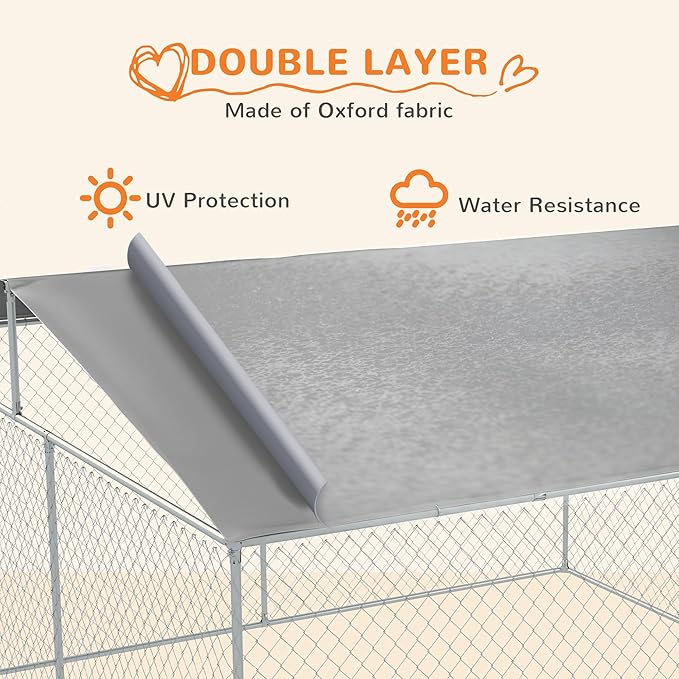 PawHut Outdoor Dog Kennel, Heavy Duty Dog Run Outdoor Fence with Waterproof Cover, Galvanized Chain Link, Secure Lock, for Large Breeds, Chickens, Ducks, 13' x 13' x 7.5'