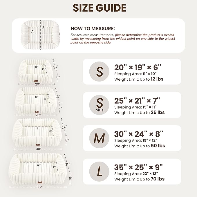 Washable Dog Bed for Small Medium Dogs - Rectangle Orthopedic Corduroy Fleece Pet Bed with Removable Cover and Nonskid Bottom, Calming Puppy Bed Soft Pet Sofa, Cream(25x21x7inchs)