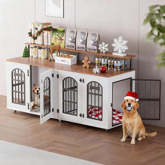 Petrova 63" Dog Crate Furniture for 2 Dogs, XL Large Indoor Wooden Dog Kennel with Divider, 6 Lockable Wheels & Storage, Heavy Duty Modern Decorative Double Dog Cage TV Stand for Medium/Large Breed
