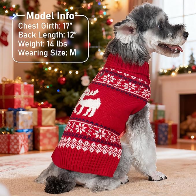 KYEESE Dog Christmas Sweater, Soft and Stretchy Turtleneck Dog Sweater for Small Dogs Boy Girl with Reindeer Pattern, Knit Winter Holiday Doggie Outfit with Leash Hole, Large