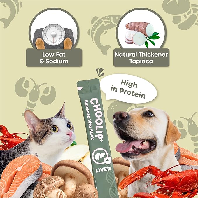 Choolip Squeeze Vita Stick Lickable Cat and Dog Treats – 49-Count Liver Support Sticks with Multivitamins, Soft Squeezable Paste for All Life Stages, Supporting Liver Health - Box with 7 Pouches