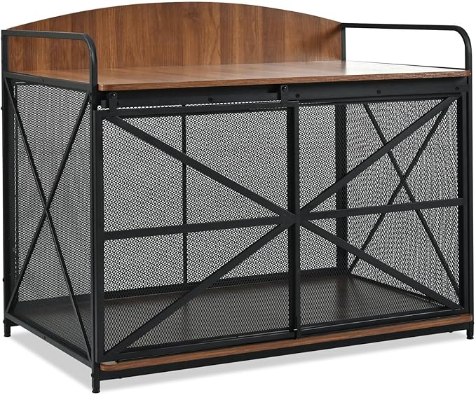 Large Furniture Dog Crate, Dog Kennel Indoor, Wood Dog Cage Table, Heavy Duty Dog Crate, Sturdy Metal,Brown
