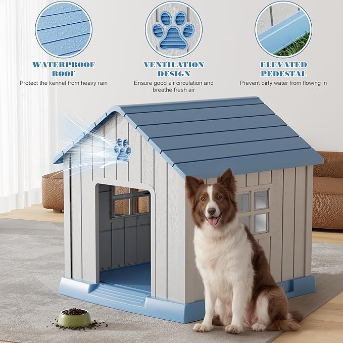 Fancyango Dog House Outdoor Indoor - Waterproof, Ventilated, Easy to Clean, Elevated Floor for Small-Large Dogs, Easy to Assemble (Blue, 37.2" L x 40" W x 40" H)
