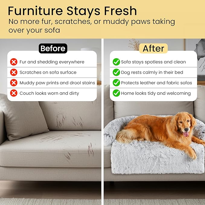 Codi Large Calming Dog Bed for Couch – Anti-Anxiety Sofa Protector Mat for XL Dogs, 45''x37''x6'', Machine Washable, Fluffy & Cozy with Non-Slip Bottom, Light Grey