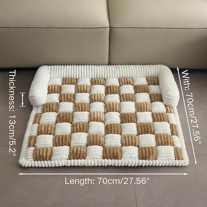 Couch Covers for Dogs and Cats, Fuzzy Dog Sofa bed with Cream Square Plaid, Plush Pet Couch Cover Bed, Thickened Quilted Furniture Protector Mat for Large Medium Pets (Dark Brown 27.56"*27.56")