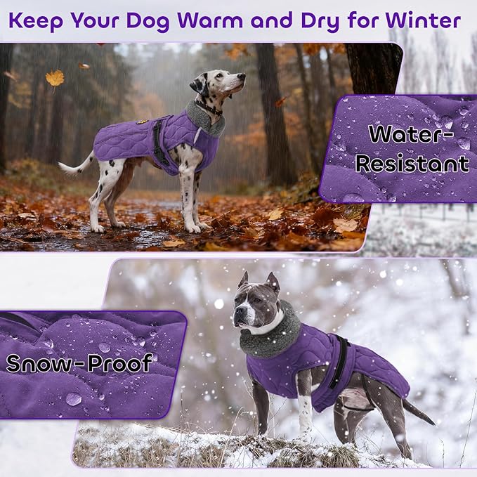 Dog Winter Coat, Adjustable Quilted Dog Snow Jacket with Fleece Lining, Water Resistant Pet Apparel for Cold Weather, Warm Large Doggie Coat with Leash Hole and Reflective Strip, NewPurple L
