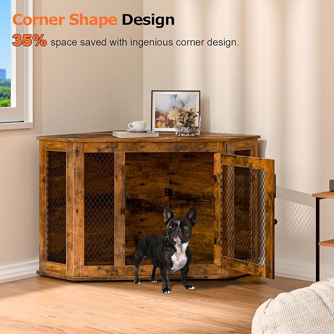Corner Dog Crate Furniture, 44" Wooden Dog Kennel Furniture End Table with Mesh, Dog Kennel Indoor Furniture for Small Medium Dogs, Modern Decorative Wood Pet House Dog Cage Crate, Brown