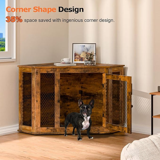 Corner Dog Crate Furniture, 44" Wooden Dog Kennel Furniture End Table with Mesh, Dog Kennel Indoor Furniture for Small Medium Dogs, Modern Decorative Wood Pet House Dog Cage Crate, Brown
