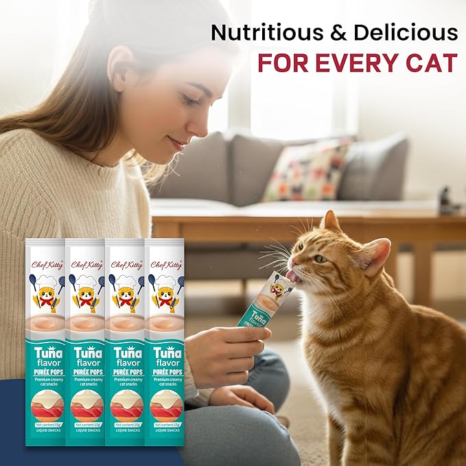 Chef Kitty Purée Pops, Cat Treats, Grain-Free, Lickable, Squeezable Creamy Cat Treat/Topper with Vitamin E & Taurine, 0.5 Ounces Each Tube, 10 Tubes, Tuna Flavor