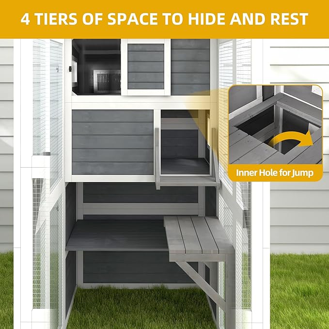 DWVO Large Cat Catio Outdoor Cat Enclosures Walk in Playpen Patio with 4-Tier Houses for Indoor Cats, Cats Scratcher Ramp, Space Capsule Bed, 5 Windows, Outside Catio with Weatherproof Roof