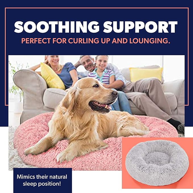Active Pets Calming Plush Dog Bed Donut Joint Support Anxiety Relief Washable Pet Bed with Removable Cover for Dogs Cats, Large 36", Beige