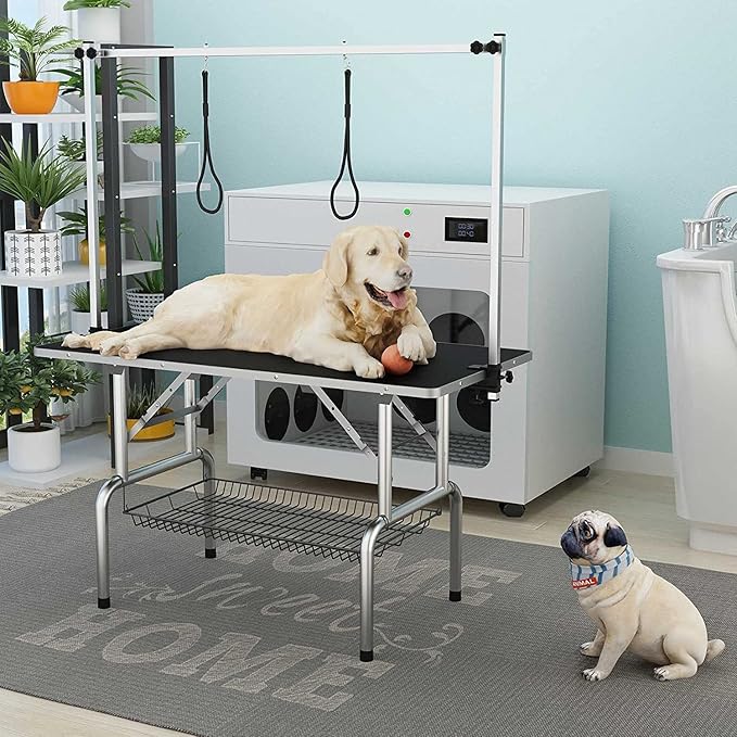 Pet Dog Grooming Table, Adjustable Large Heavy Duty Professional Foldable Trimming Stage with Arms, Noose, Mesh Tray, Maximum Capacity Up to 330LBS, 46''/Black