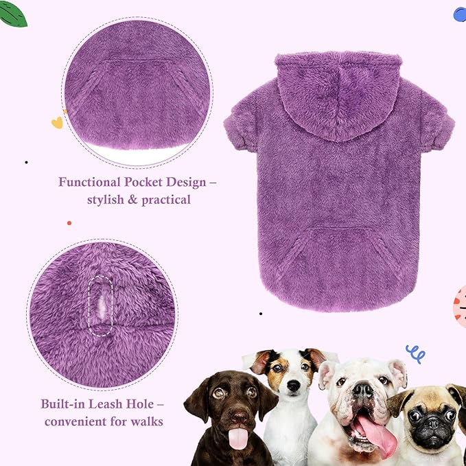 Dog Sweater,Dog Hoodies,Warm Fuzzy Fleece Sweatshirt with Hood & Pocket,Leash Hole,Cozy Cold Weather Pet Clothes Pet Sweater for Small,Medium,and Large Dogs(Purple,L)