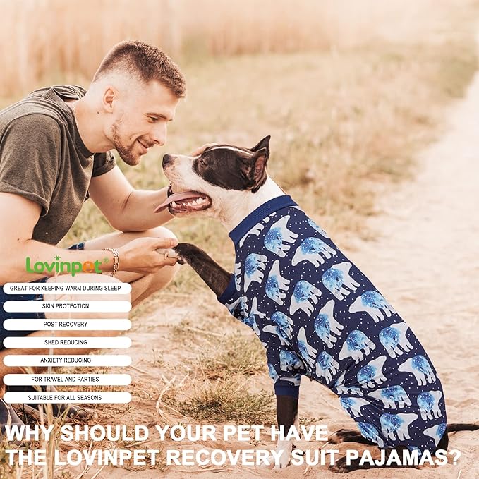 LovinPet Big Dog Pajamas, Post Surgery Onesie UV Protection, Blue Triangle Print, Lightweight Stretchy Big Dogs Pullover Shirt, Full Coverage Large Breed Dog Jammies, Pet PJ's, XL