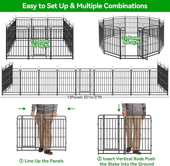 Dog Fence Outdoor 12 Piece Panels 40" Height, Square Steel Pipe with Reinforced Crossbars, Anti-Rust Heavy Duty Dog Playpen with Doors Portable for Yard RV Camping, Total 27FT, 57 Sq.ft, Snowy Black