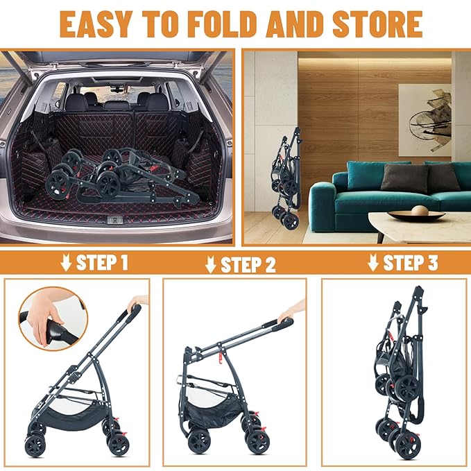 3-in-1 Pet Dog Stroller, Dog Wagon with Removable Carrier, Cat Stroller for Medium Dogs Up to 55lbs (Grey)