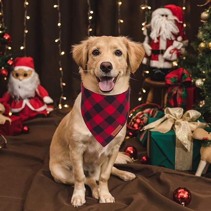 ADOGGYGO Christmas Dog Bandanas 2 Pack, Premium Cotton Fabric, Multiple Sizes Offered, Red Plaid Bandanas for Medium Large Dogs (Large)