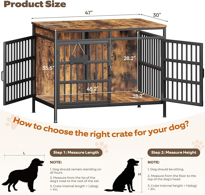 47 Inch Dog Crate Furniture, Heavy Duty Dog Kennel for Small Medium Large Dogs, Double Doors Indoor Decor Pet House Cage, Anti Escape Wooden Dog Cage with Name Tag End Table, TV Stand, Brown