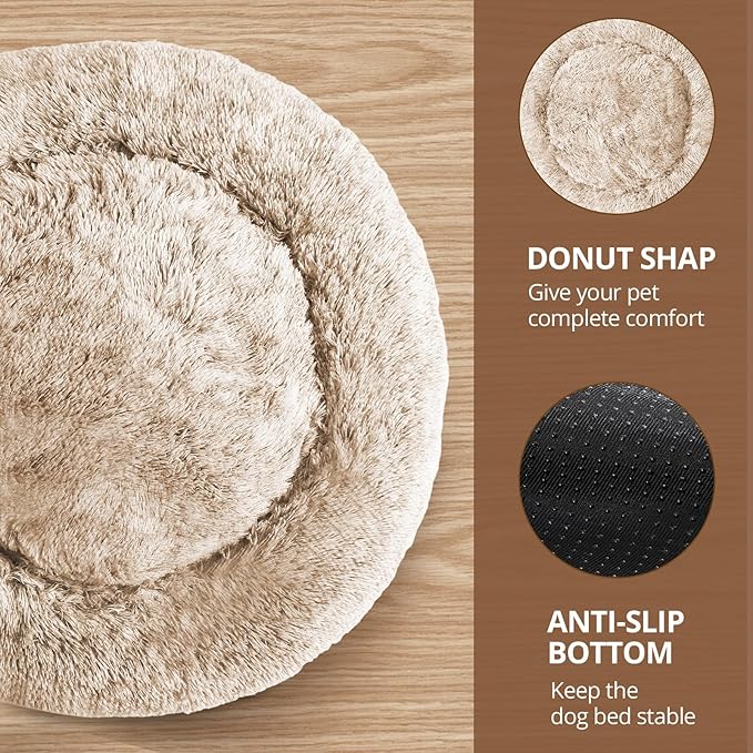 JOLLYVOGUE Small Dog & Cat Beds for Indoor Cats, Donut Cuddler Warming Soft Dog Beds with Anti-Slip Bottom, Round Calming Fluffy Plush Faux Fur Cushion Bed for Small Dogs (23")