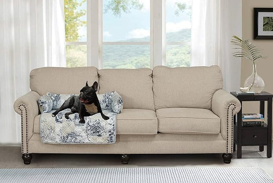 Brilliant Sunshine Quilted Calming Dog Bed Mat, Removable Washable Cover, Cushion Protector and Couch Covers for Dogs, Pets, Cats, Medium, Blue Beige Toile
