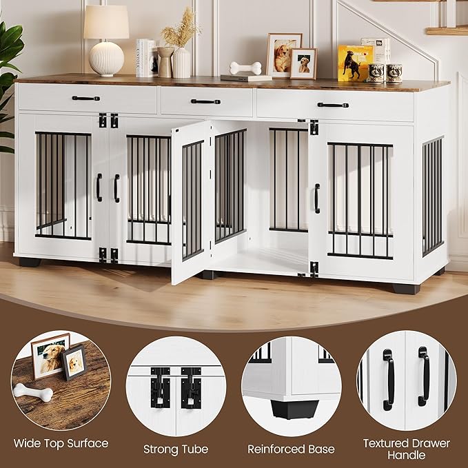 71 in Large Dog Crate Furniture for 2 Dogs with 3 Drawers, Heavy Duty Double Indoor Dog Kennel and TV Stand for Medium Large Dogs, Brown & White