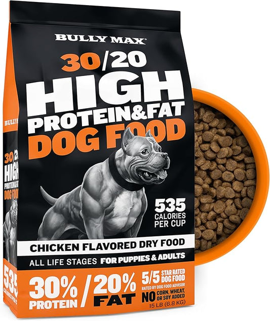 Bully Max Dry Dog Food for Adults & Puppies - High Protein & Fat for Muscle & Weight Gain - High Performance Dog Food Supplements - Small & Large Breed Dogs (535 Calories Per Cup), Chicken, 15lb Bag