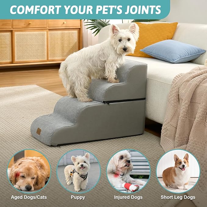 Wide Dog Stairs for Small Dogs 19.7" H, Detached Dog Step for Puppy or Older Cat, Ramp for Bed, Sofa, Couch or Chair, Ladder with High Density Foam, 17.7x28.3x19.7 inch, 4 Step, Grey