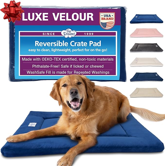 Pet Dreams Dog Crate Pad - Washable Kennel Mat, Crate Pads for Dog Cages, Non-Toxic, Flat Indoor Cat Bed, Fits iCrate 18, 24, 30, 36, 42, 48 Inches (Blue, Large, 36")