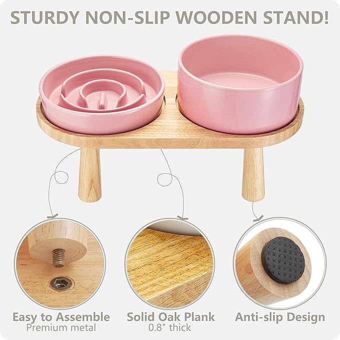 Ceramic Slow Feeder and Water Bowl Set for Medium and Large Dogs, 8.0inch Ceramic Dog Bowls Elevated with Wooden Stand, 2.0 Cups Dog Slow Feeder(30oz) and 70oz Water Bowl Set, Pink