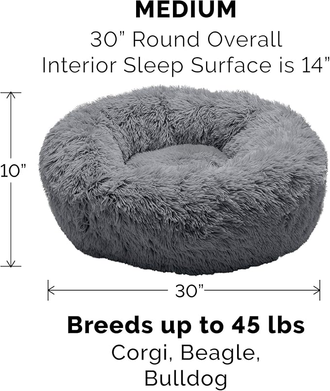 Furhaven 30" Round Calming Donut Dog Bed for Medium/Small Dogs, Refillable w/ Removable Washable Cover, For Dogs Up to 45 lbs - Shaggy Plush Long Faux Fur Donut Bed - Gray, Medium