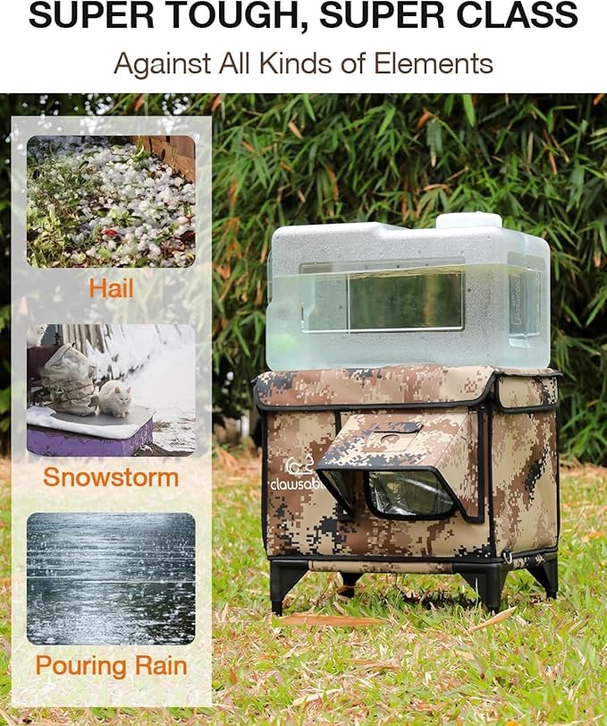 Indestructible Heated Cat House for Outside Winter, 100% Waterproof, Safe Escape Door, Insulated Outdoor Cat Shelter with Heater for Feral Barn Cat Kitty (Desert Camouflage, 13"x17"x18")