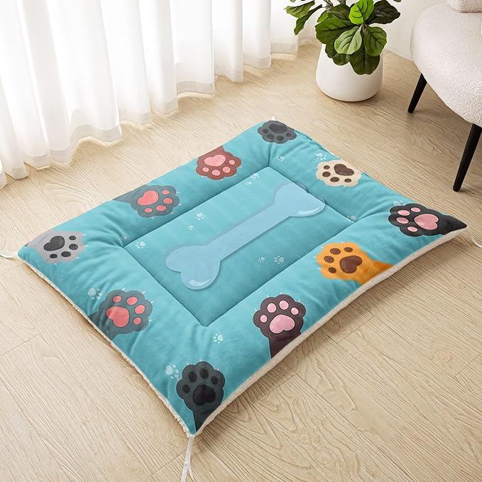 Dog Crate Bed Washable Crate Pad Blue Cute Paw Printed Soft Fluffy Pet Sleeping Mat for Large Medium Small Animals(Paw-9 L)