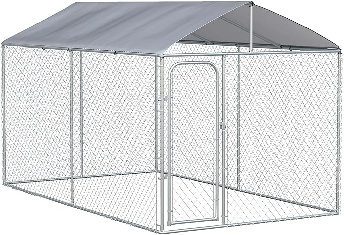 PawHut Outdoor Dog Kennel, Heavy Duty Dog Run Outdoor Fence with Waterproof Cover, Galvanized Chain Link, Secure Lock, 13' x 7.5' x 7.5'