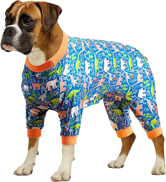 LovinPet Large Breed Dog Clothes Pajamas, Wound Care/Post Surgery Full Coverage Shirt, Dinosaur Land Blue Print, Lightweight Stretchy Knit Pullover Dog Onesie, Pet Pajamas for Dogs, Pet PJ's, 3XL